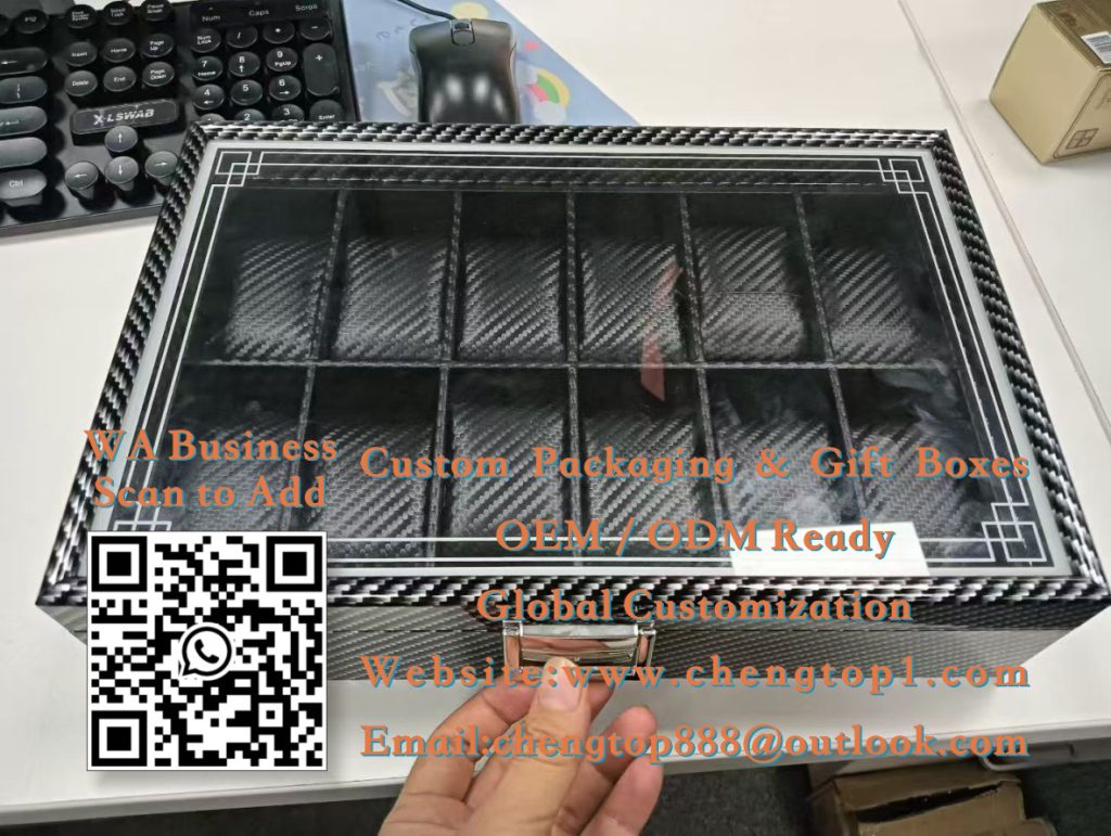 Watch Display Boxes: 12-Slot Carbon Fiber Watch Storage Cases with Glass Windo...