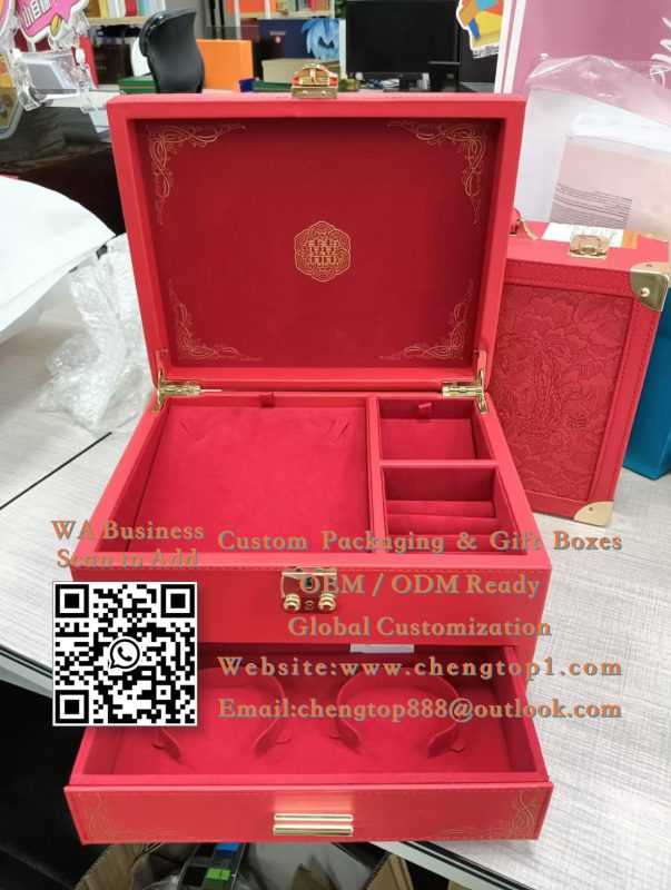 Wedding Jewelry Boxes: Red Bridal Jewelry Storage with Peony Pattern & Do...