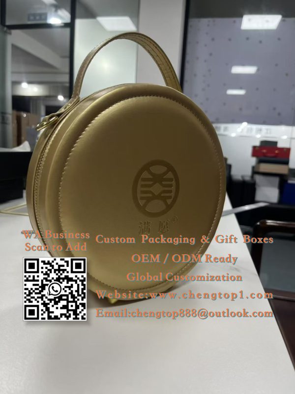 Round Handbag Gift Boxes: Gold Zippered Circular Cases for Premium Gifting</tr...