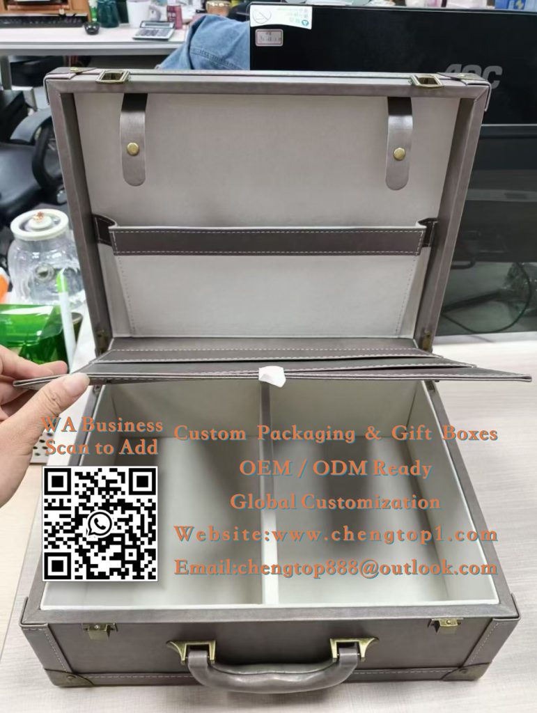 Gray Vintage Trunk Gift Boxes: Corporate Suitcase Packaging with Brass Hardwar...
