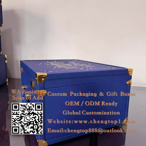 Navy Blue Luxury Trunk Boxes: Diplomatic Gift Cases with Gold Foil Palace Illu...
