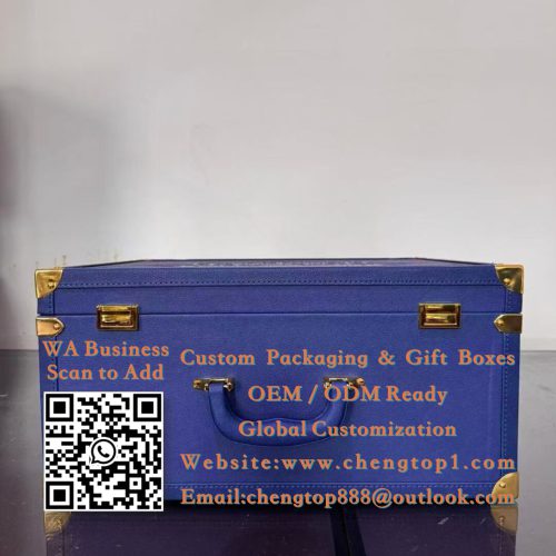 Navy Blue Luxury Trunk Boxes: Diplomatic Gift Cases with Gold Foil Palace Illu...