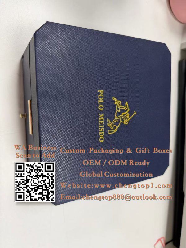 Luxury Watch Boxes: Navy Saffiano Leather Watch Packaging with Brass Hardware<...