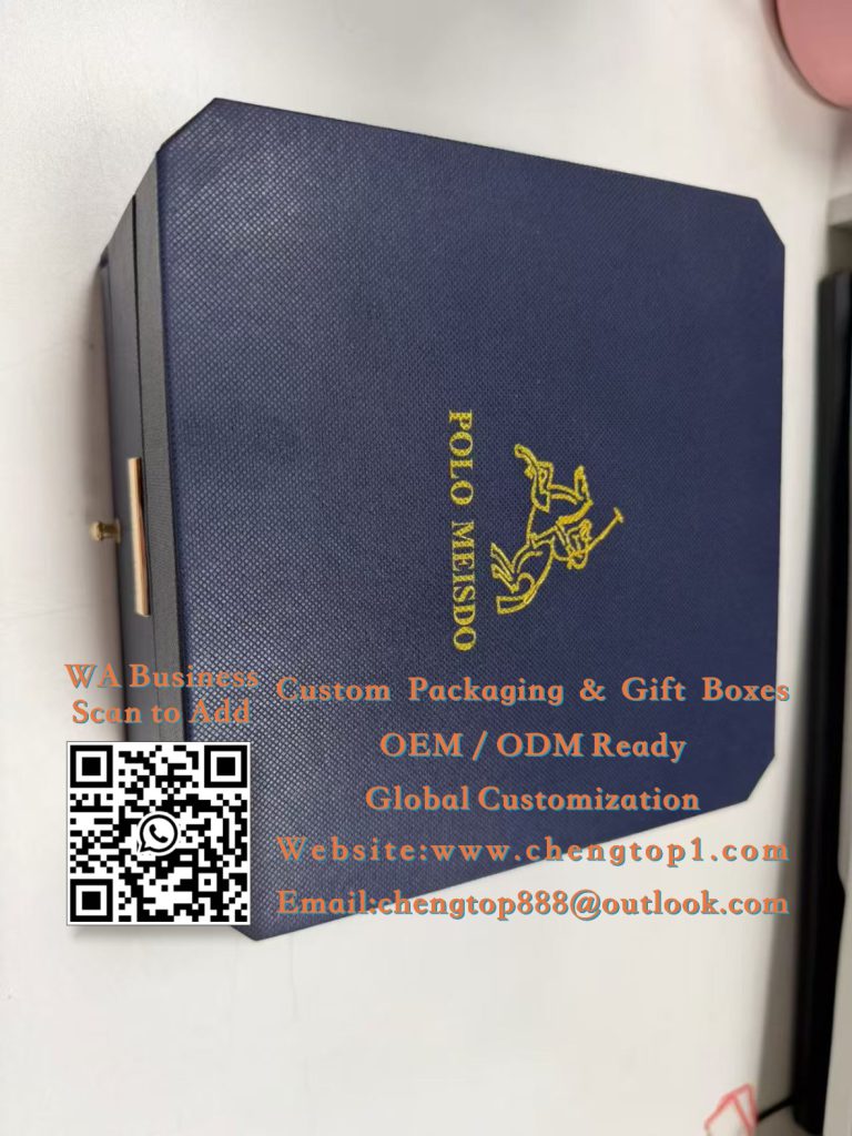 Luxury Watch Boxes: Navy Saffiano Leather Watch Packaging with Brass Hardware<...