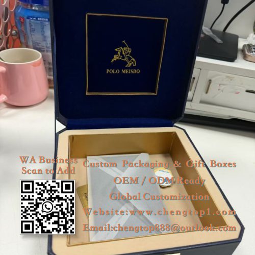 Luxury Watch Boxes: Navy Saffiano Leather Watch Packaging with Brass Hardware<...