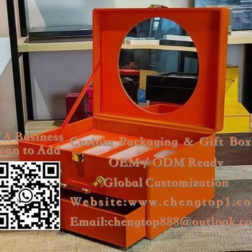 Orange Skincare Treatment Trunk Boxes: Mirror Lid Drawer Cases for Anti-Aging Kits - Cosmetic Boxes - ChengTop Packaging &...